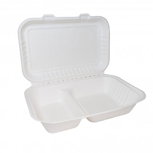 Bagasse Clamshell Large 9" x 6" 2 Compartment 250pk